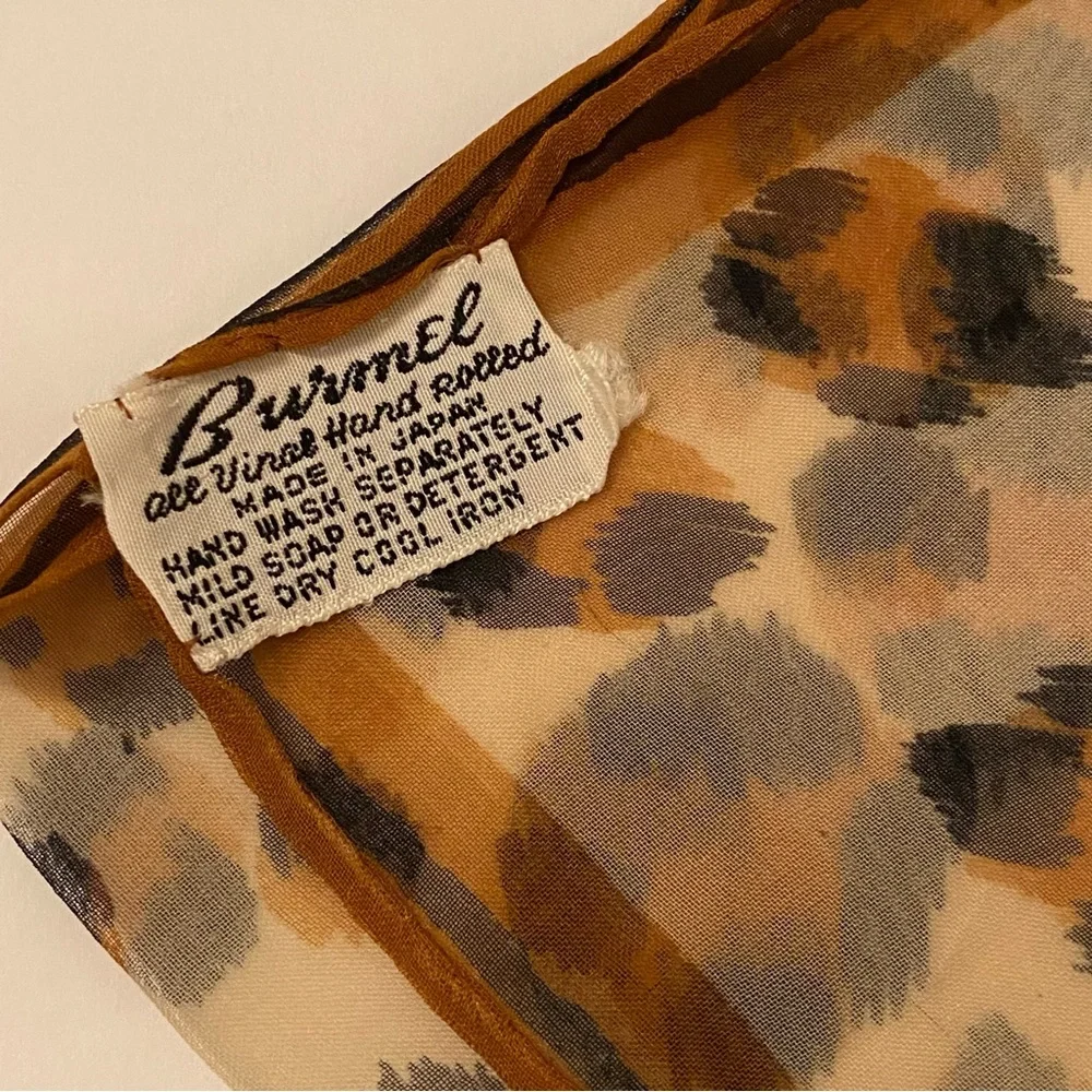 BURMEL SCARF VINTAGE CREAM BROWN BLACK SHEER ANIMAL PRINT HAND ROLLED RECTANGLE